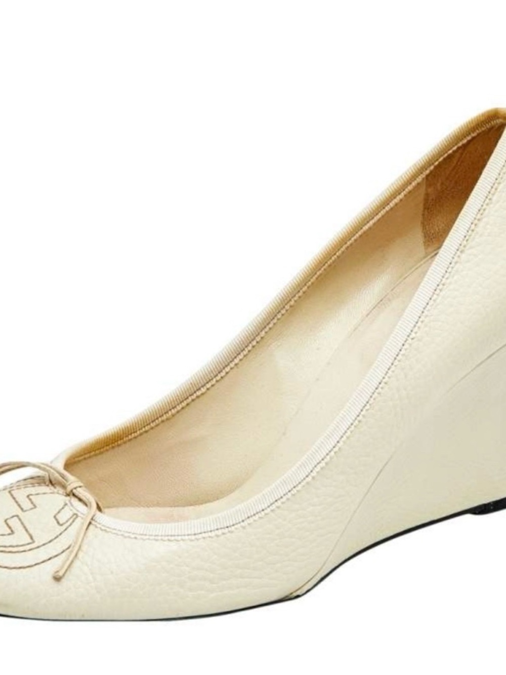 Gucci Off White Leather Peep Toe Wedge Pumps